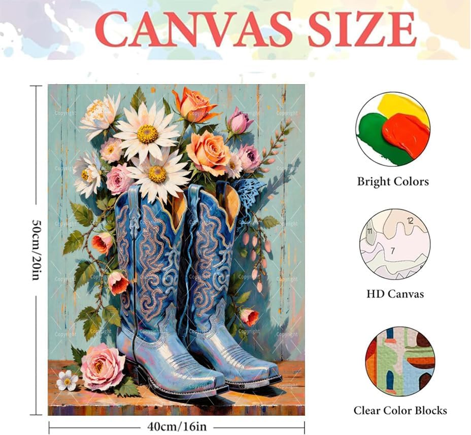 Western Paint by Numbers Kit for Adults - DIY Blue Cowboy Boots with Flowers Painting on Canvas 16x20 Inches, Acrylic Paint Set, Suitable for Beginners, Art for Home Decoration or Gifts， Unframed - Image 2