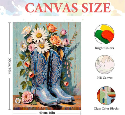 Western Paint by Numbers Kit for Adults - DIY Blue Cowboy Boots with Flowers Painting on Canvas 16x20 Inches, Acrylic Paint Set, Suitable for Beginners, Art for Home Decoration or Gifts， Unframed - Image 2