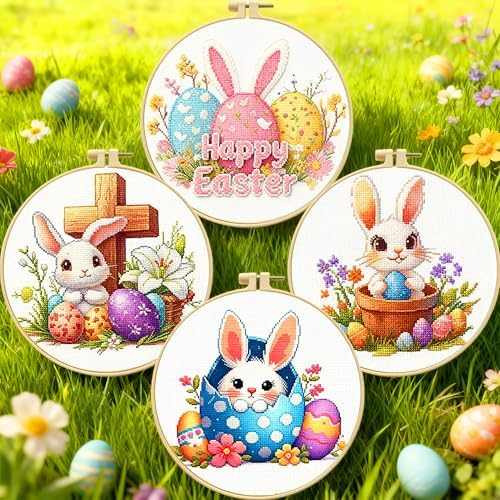 Zhenging Easter Cross Stitch Kit with 4 Bunny & EggPatterns -9.45x9.45 Inch Hoop, Pre-Printed Fabric,Threads, Tools -DlY Easter Craft Gift for Adults, HomeDecor - Image 2