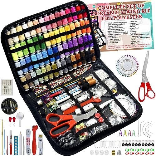 Sewing Kit with Case Portable Sewing Supplies for Home Traveler, Adults, Beginner, Emergency, Contains 60 Sewing Thread, Scissors, Needles, Measure etc by LE+PAON