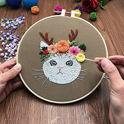 Mozzyyee Embroidery Starter kit, DIY Adult Beginner Embroidery Kits, Including Cloth with Cat Patterns, Colored Threads, Needles, Hoops and Instructions (Gray) - Image 3