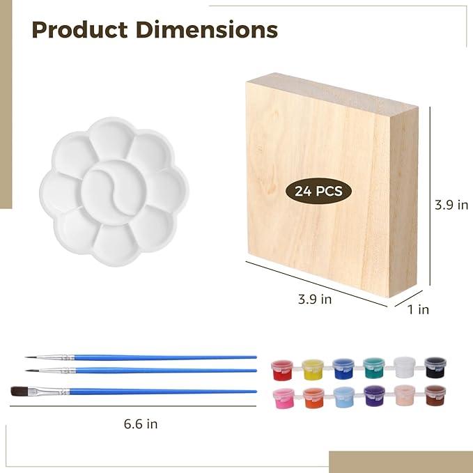 24 PCS Unfinished Wood Blocks, Natural Wood Blocks Painting Kit, 4 x 4 x 1 Inch Square Wood Blocks for Art and Crafts, Blank Wooden Board DIY Craft Panels with 12 Colors Paint 3 Paintbrushes Palette