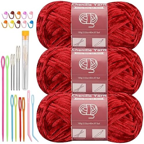 LUNARM Chenille Yarn 3 Pack 3.5oz Chunky Blanket Velvet Yarn 263 Yard by Lunarm