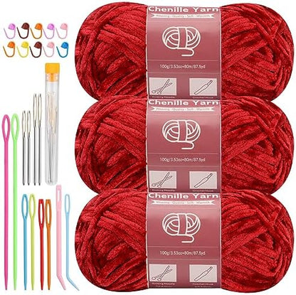 LUNARM Chenille Yarn 3 Pack 3.5oz Chunky Blanket Velvet Yarn 263 Yard by Lunarm