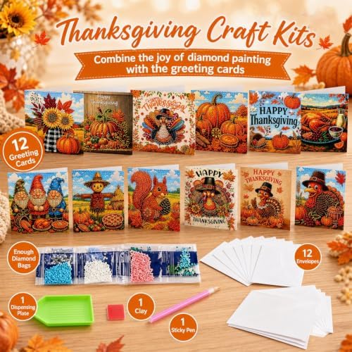 12 PCS Diamond Art Thanksgiving Cards with Envelopes, Thanksgiving Crafts for Adults, Fall Diamond Painting Kits for Card Making, Holiday DIY Kits (Orange) - Image 3