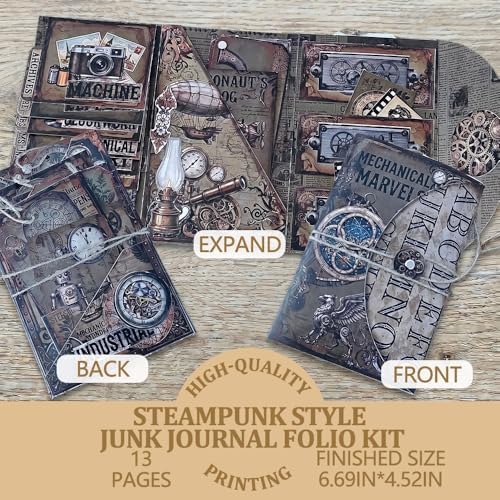 XINPOCUT Steampunk Folding Folio Junk Journal Kit,Folio Booklet Craft Kit, Junk Journal Kit, Scrapbooking Supplies, Journaling Decor, Mini Folio Writer Folder Project, Arts & Crafts Gifts - Image 2