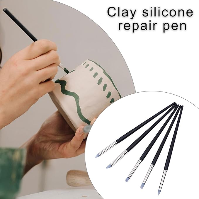 Kfwfuaee 10Pcs Silicone Clay Sculpting Tool Wood Handle Pottery Modeling Carving Tool for Shaping Sculpting Blending Clay Modeling Brushes