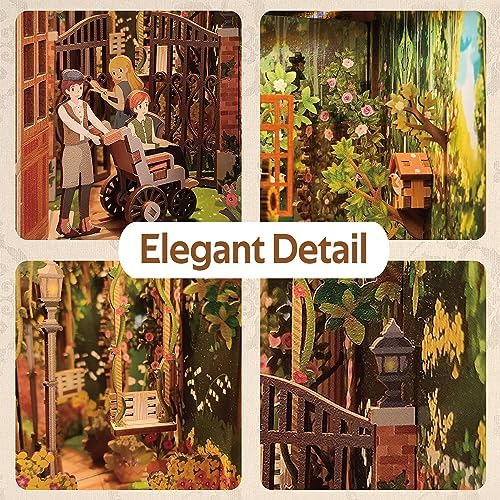 Tonecheer DIY Book Nook Kit for Adults, 3D Wooden Puzzle Bookend Bookshelf Insert Decor, Booknook Miniature House Kit with Body Motion Sensor LED Light (The Secret Garden) - Image 4