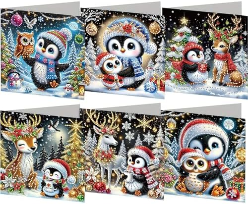 jinglinhh 6pcs Christmas Penguin Owl Deer Elk Diamond Art Painting Greeting Cards with Envelopes, DIY Card Making Kits for Adults, Diamond Art Postcards Christmas Cards Craft Gifts by Unknown