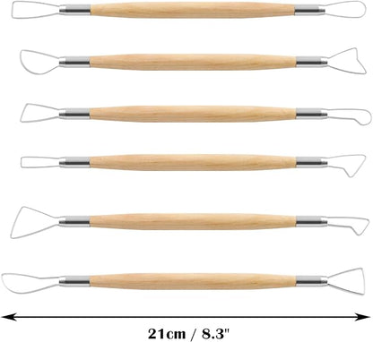 Suiwotin 6pcs Double-Sided Clay Sculpting Tools, Wooden Handle Ribbon Clay Tools, Pottery Trimming Tool, Clay Wire Loop Sculpture Set for Ceramic, Wax Carving Modeling