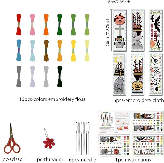 FREEBLOSS 6 Set Cross Stitch Bookmark Kit Halloween Embroidery Bookmarks Stamped Embroidery Bookmark with Instruction Counted Cross Stitch Kit for Gift Adults 8''x2.4''