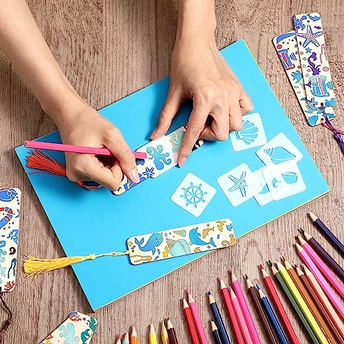 TaoBary 92 Pcs 4.8 x 1.3 Inch Ocean Wood Bookmark Making Kit Includes 36 Unfinished Blank Bookmarks 36 Tassels 20 Templates, Back to School DIY Painting Craft for Home Class Holiday Teachers Gift - Image 5