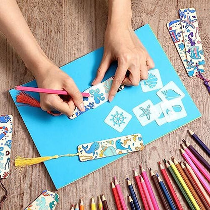 TaoBary 92 Pcs 4.8 x 1.3 Inch Ocean Wood Bookmark Making Kit Includes 36 Unfinished Blank Bookmarks 36 Tassels 20 Templates, Back to School DIY Painting Craft for Home Class Holiday Teachers Gift - Image 5