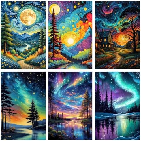 NEGEKFKX 6 Pack Paint by Numbers Kit for Adults Beginner,Starry Night Easy Adult Paint by Number Kits on Canvas DIY Painting for Beginners Art by Numbers for Home Wall Decor 10x12 Inch by NEGEKFKX