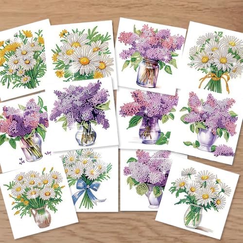 C'eitura Diamond Art Painting Greeting Cards 12 Pack DIY 5D Lilac Daisy Floral Rhinestone Mosaic Folded Cards, Handmade Craft Gift Adults Women Birthday Mothers Day - Image 3