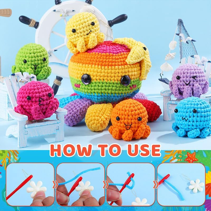 Huacan Octopus Crochet Kit for Beginners, Crochet Kit for Adults Beginner, Octopus Complete Crochet Animals Starter Kit with Step-by-Step Video Tutorials, Easy Knitting Kit Cat Crafts Gifts - Image 4