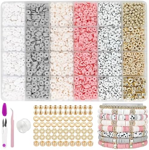 MIIIM Boho Neutral Clay Bead Bracelet Kit, Heishi Beads, Flat Clay Beads and Gold Spacer Beads for Jewelry Making, Friendship Bracelet Beads Kit for Valentine's Day, Crafts, Raves, Gifts by MIIIM