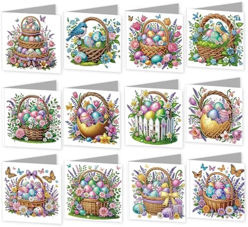 jinglinhh 12pcs Easter Egg Basket Diamond Art Painting Greeting Cards with Envelopes, DIY Card Making Kits for Adults, Diamond Art Christmas Cards for Birthday Holiday Postcards Craft Gifts by Unknown