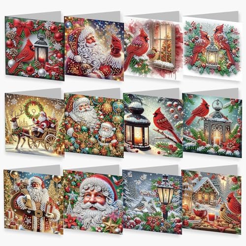 12Pcs Christmas Greeting Card DIY Diamond Art Painting Greeting Cards Blessing Folding Card Kit with White Envelopes Diamond Arts Crafts for Birthday Festival Gift-03 by BAYUNOESparkDiamondCraft