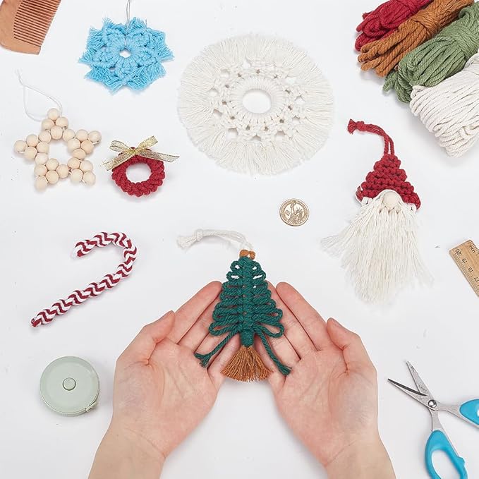 FREEBLOSS 9 Set DIY Macrame Christmas Oranments Macrame Xmas Gnomes Macrame Christmas Tree Macrame Hanging Ornament Kit Macrame Kits for Adults Beginners Macrame Supplies for Christmas Crafts