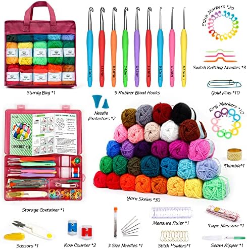 INSCRAFT Crochet Yarn Kit for Beginners Adults, Includes 1650 Yards 30 Colors Acrylic Skeins, User Manual, Hooks, Wine Bag etc, Make Amigurumi & Projects, Starter Set Professionals - Image 2