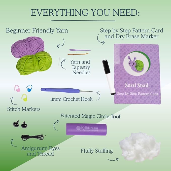 KelliDream Magic Circle Tool Inclusive Learn to Crochet Kit for Beginners+/Intermediates; Step-by-Step Video Tutorials; All Supplies to Make Cute Amigurumi (Snail)