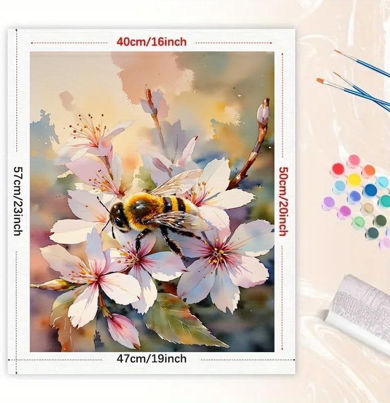 Floral Art Paint by Numbers Kit for Adults - DIY Bee on Cherry Blossoms Painting on Canvas 16x20 Inches, Acrylic Paint Set, Suitable for Beginners, Art for Home Decoration or Gifts - Image 2