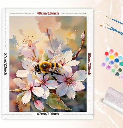 Floral Art Paint by Numbers Kit for Adults - DIY Bee on Cherry Blossoms Painting on Canvas 16x20 Inches, Acrylic Paint Set, Suitable for Beginners, Art for Home Decoration or Gifts - Image 2
