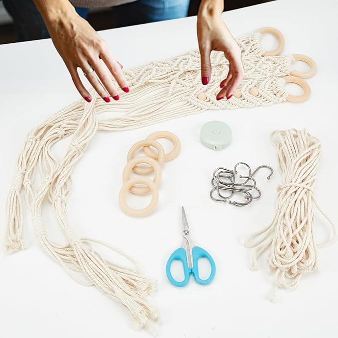 ORIGACH 3 Set DIY Macrame Plant Hanger Kit for Beginner, Boho Macrame Hanging Plant Holders with Macrame Cord, Wooden Rings, S Hooks & Instructions for Adult Beginner