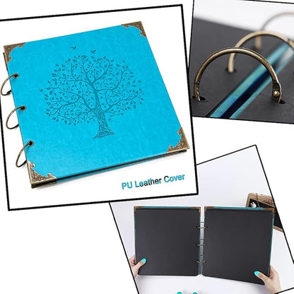 ADVcer Photo Album DIY Scrapbook, 10x10 inch 50 Pages Vintage Leather Cover Three-Ring Binder Picture Booth Albums + 9 Colors 408pcs Self Adhesive Photos Corners for Memory Keep (Family Tree, Cyan)