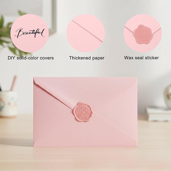 20 Pack Pink Envelopes 4x6 for Invitation, A4 Invitation Envelope with Wax Seal Sticker for Birthday, Weddings, Graduations, Greeting Cards, Baby Shower Invite
