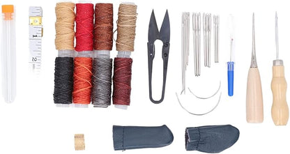 32Pcs Leather Craft Tools Kit, All in One Hand Sewing Kit for DIY Leather Goods Making, Stainless Steel Leather Working Tools with Wax Thread, Needles and Accessories for Beginners