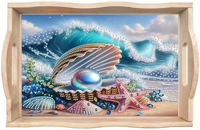 DoxQcs DIY Diamond Art Wooden Food Tray with Handle Diamond Painted Table Decoration Tray for Breakfast Bar Dinner Table Diamonds Art Painting for Beginners-Pearl