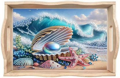 DoxQcs DIY Diamond Art Wooden Food Tray with Handle Diamond Painted Table Decoration Tray for Breakfast Bar Dinner Table Diamonds Art Painting for Beginners-Pearl