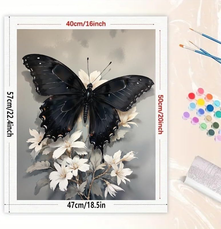 Butterfly Paint by Numbers Kit for Adults - DIY Black Butterfly on White Flowers Painting on Canvas 16x20In, Acrylic Paint Set, Suitable for Beginners, Art for Home Decoration or Gifts - Image 2