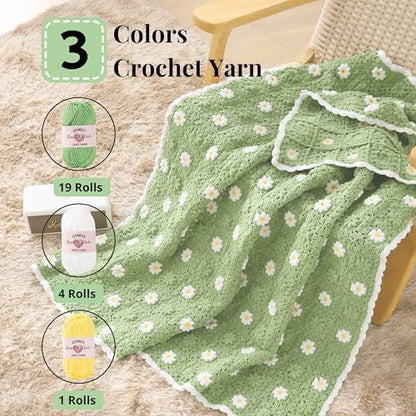 CSWCS Crochet Blanket Kit for Beginners, Daisy Granny Square Throw Kit for Adults, Easy Learn How to Knitting with Yarn & Hook, Complete Starter Set with Step-by-Step Instructions (39" x 31") - Image 2