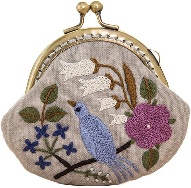 HEALLILY Embroidery Coin Purse Kit with Bird Design DIY Needlepoint Pouch Craft Kit Compact 3.93X3.34X1.37 Inch Fabric Embroidery Bag for Arts and Crafts Projects