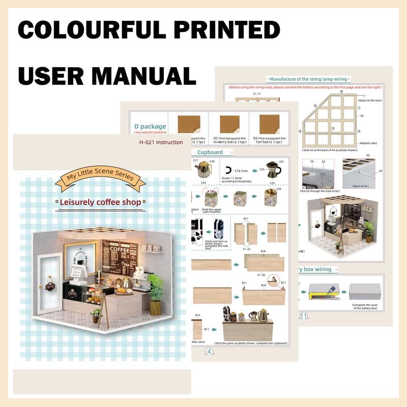 CUTEROOM DIY Miniature House Kit - Mini Craft Rooms for Adults with LED Lights, Realistic Mini Dollhouse Kit Building Model Kit, Creative Home Decor Gift- Leisure Coffee Shop - Image 7