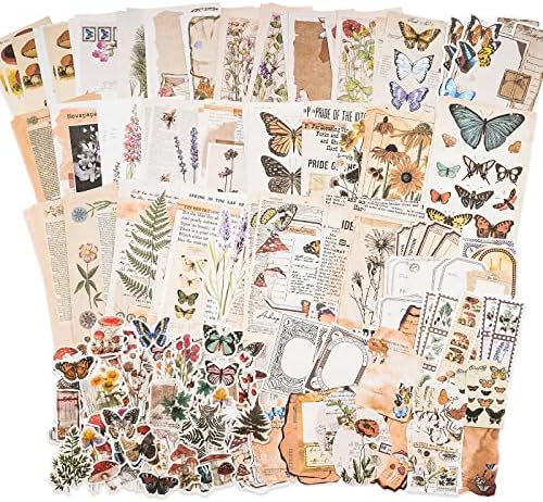 Knaid Vintage Scrapbook Supplies Pack (200 Pieces) for Junk Journal Bullet Journals Planners Botanical Paper Stickers Craft Kits Aesthetic Cottagecore Collage Album (Nature) by Knaid