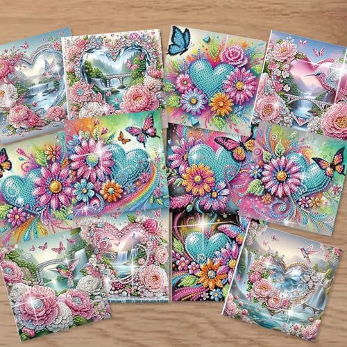 12 Pack Diamond Painting Greeting Cards Kit with Envelopes, 5D DIY Heart Flower Butterfly Hummingbird Diamond Art Cards, Mothers Day Valentines Birthday Cards for Women Her - Image 4