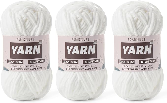 Fluffy Chenille Yarn for Crocheting - Baby Yarn for Crocheting Soft Blanket - 3 Pack of 100g/(87.4yds) Crochet Amigurumi Chunky Yarns - Super Bulky 5 Velvet Yarns (3 Snow White)
