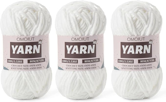 Fluffy Chenille Yarn for Crocheting - Baby Yarn for Crocheting Soft Blanket - 3 Pack of 100g/(87.4yds) Crochet Amigurumi Chunky Yarns - Super Bulky 5 Velvet Yarns (3 Snow White)