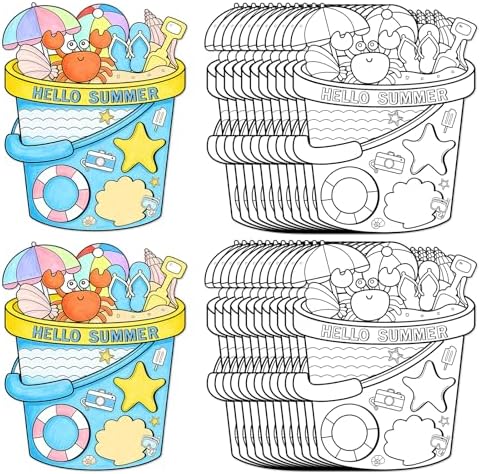 Sereliy 24 Pcs Summer Coloring Wreath Crafts, Color Your Own Bucket Crafts, DIY Paper Wreath for Summer Home Activities Games. (Bucket) by Sereliy