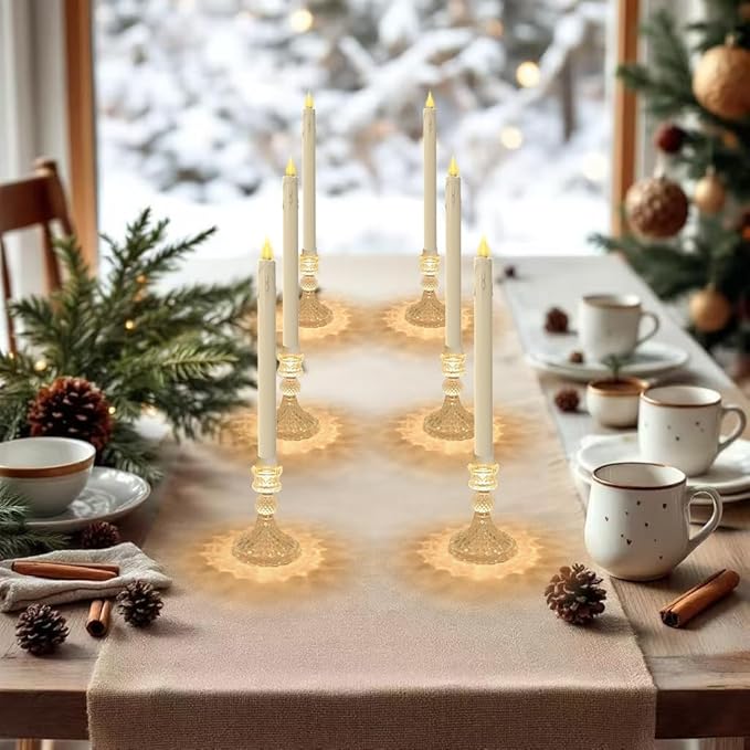 Flameless Taper Candles with Diamond Base Light - Hexagon Glass Holder, Remote Timer & Dimmer 2AA Battery Operated 500+ Hours for Thanksgiving/Xmas Decor, Wedding Centerpiece (Ivory, 2 Pack)