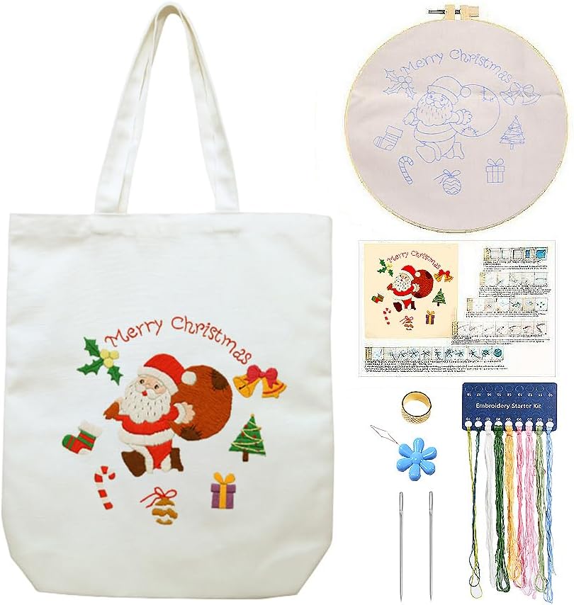 CREAWONDER Canvas Tote Bag Embroidery Kit with Pattern for Beginners, Arts and DIY Embroidery Crafts Kits for Adults, Include Instructions, Thimble, Embroidery Hoops, Color Threads and Tool by Unknown