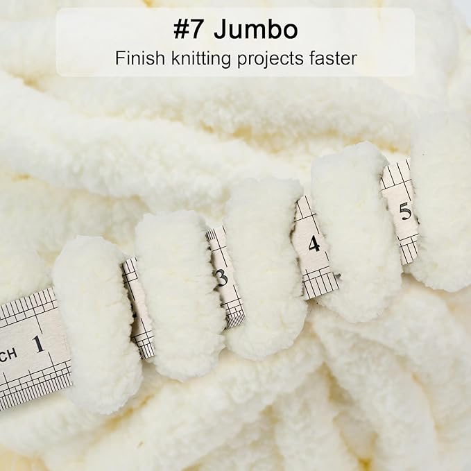 ERLYEEN Chenille Chunky Yarn Super Bulky Soft Thick Fluffy Jumbo Giant Washable Polyester Big Yarn DIY for Arm Knit Blanket Cushion Bed Sofa Home Decor,Milk White,1.1LB