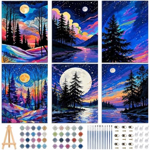 EggSun 6 Pack Framed Paint by Numbers Kit for Adults,Beginners with Wooden Easel,DIY Acrylic Oil Painting Paint by Numbers Kits on Canvas for Home Decor(Moon Mountain Lake Landscape,8x12Inch) by EggSun