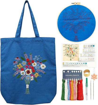CREAWONDER Canvas Tote Bag Embroidery Kit with Pattern for Beginners, Arts and DIY Embroidery Crafts Kits for Adults, Include Instructions, Thimble, Embroidery Hoops, Color Threads and Tool by Unknown