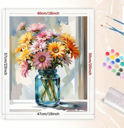 Floral Still Life Paint by Numbers Kit for Adults - DIY Colorful Gerbera Daisies in Blue Jar Painting on Rolled Canvas 16x20 Inches, Acrylic Paint Set for Beginners, Art for Home Decoration or Gifts - Image 3