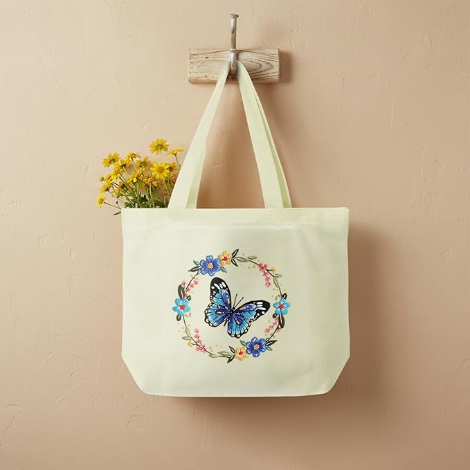 ERKOON Canvas Tote Bag Embroidery Kit for Beginners, Floral Arts Crafts Cross Stitch Kits for Adults Including Stamped Embroidery Bag with Hoops, Needle, Instruction and Color Threads (Butterfly)